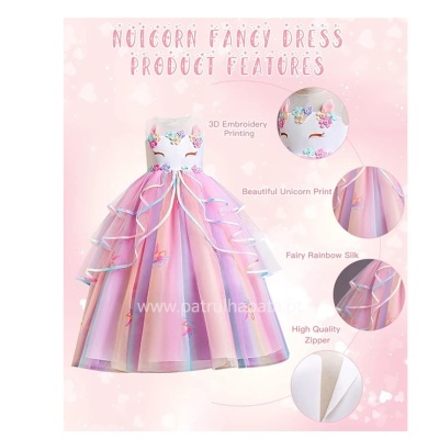 Vestido de fantasia de unicórnio com bordado 3D e seda arco-íris em tons pastel