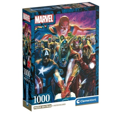 Caixa de puzzle 1000 peças Marvel com personagens Capitão América, Thor e Iron Man