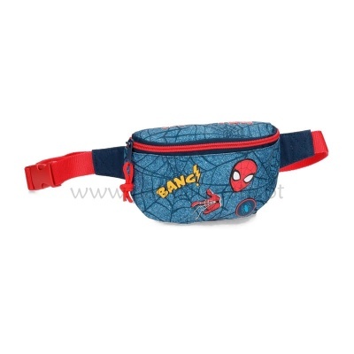 Bolsa de cintura azul com padrão de teia e aplicação de Spider-Man e texto BANG