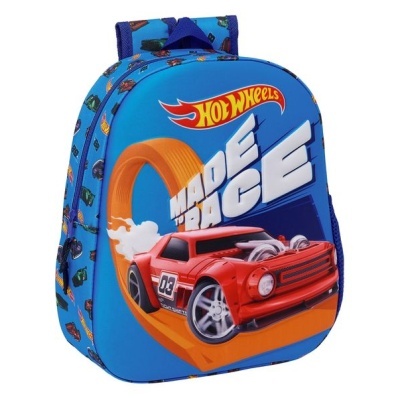 Mochila azul Hot Wheels com carro vermelho e texto MADE TO RACE