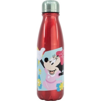 Garrafa térmica vermelha com imagem de Minnie Mouse e flores.