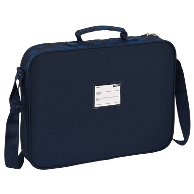 Mala ou estojo rectângulo azul escuro com alça e etiqueta