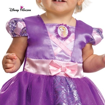 Vestido Disney Princess roxo e rosa para criança com padrão floral e laço