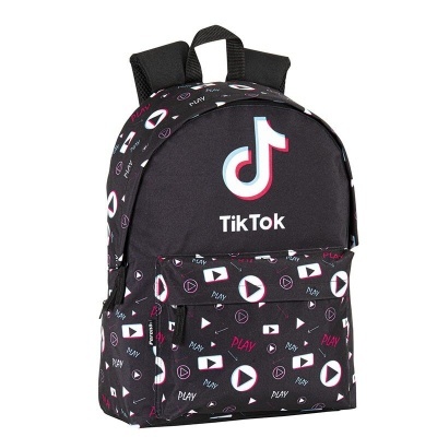 Mochila preta com logo TikTok e padrões de ícones de play e texto 'PLAY'
