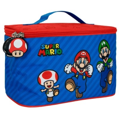 Mala de transporte azul e vermelha com personagens do Super Mario e puxador em forma de cogumelo.