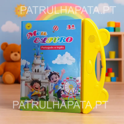 Livro infantil educativo com capa azul e pega amarela em forma de rosto de urso