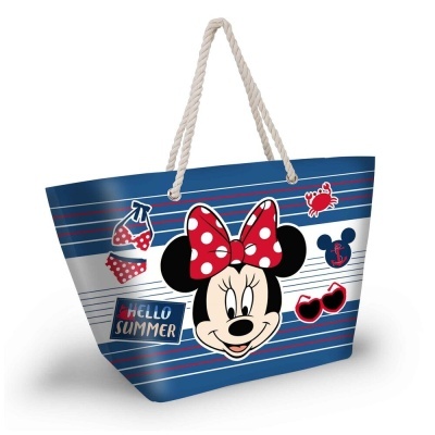 Saco de praia azul com riscas e imagem da Minnie Mouse com laço vermelho