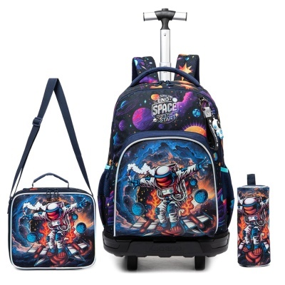 Conjunto escolar com mochila de rodas, mala de almoço e estojo com padrão de astronauta e espaço