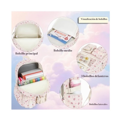 Mochila rosa clara com padrão de flores pequenas e vários bolsos visíveis com objetos escolares dentro
