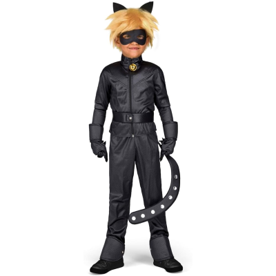 Fantasia de gato preto para criança com máscara, orelhas, cauda e colar dourado