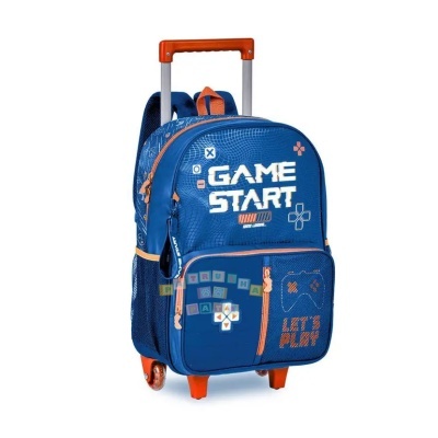 Mala de rodas para crianças azul e laranja com design gamer e textos 'GAME START' e 'LET'S PLAY'