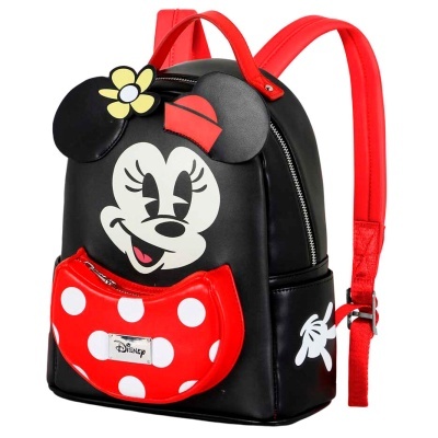 Mochila infantil preta com detalhes vermelhos e imagem da Minnie da Disney
