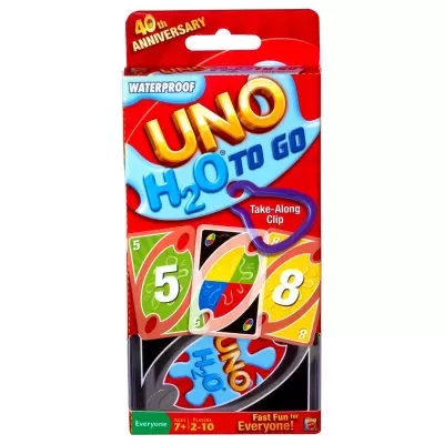Embalagem do jogo de cartas UNO H2O TO GO impermeável com clipe para transporte e cartas coloridas