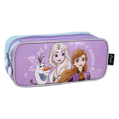 Estojo lilás e azul claro com personagens Frozen e frase THE MAGIC OF FRIENDSHIP