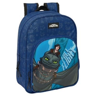 Mochila azul com personagem de desenho animado e texto Full Flight