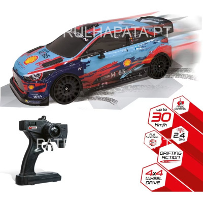 Carro de radiocontrolo Hyundai MOBIS azul e vermelho com comando preto
