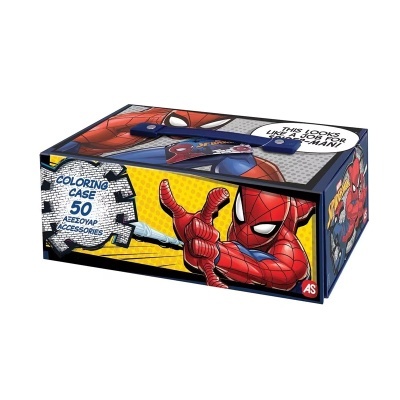 Caixa de atividades para colorir do Homem-Aranha com alça azul e estampas coloridas.