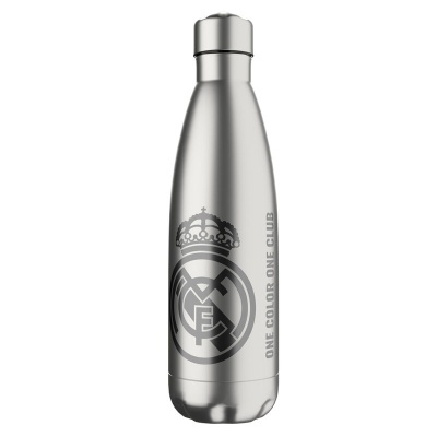 Garrafa térmica metálica prateada com logótipo do Real Madrid e texto ONE COLOR ONE CLUB