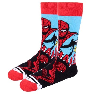 Meias do Homem-Aranha em vermelho, azul e preto com estampa do personagem