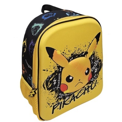 Mochila amarela com Pikachu e ícones coloridos de Pokémon
