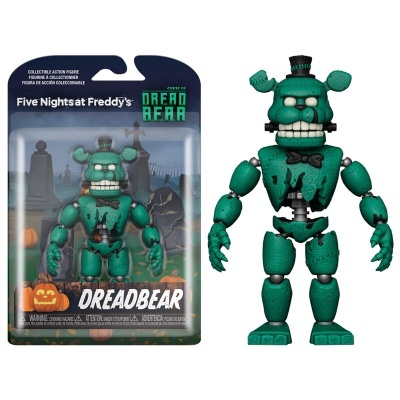Figura colecionável Dreadbear verde de Five Nights at Freddy's em embalagem original, com fundo de cemitério e abóboras