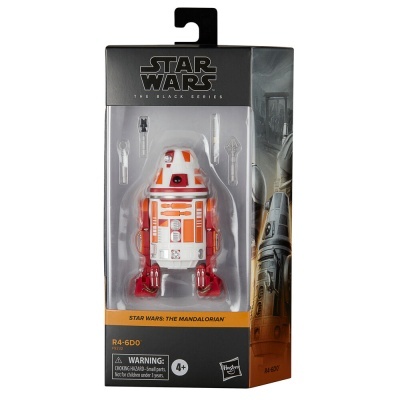 Figura Star Wars R4-6D0 branca e laranja em embalagem transparente com detalhes pretos e laranja