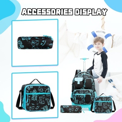 Conjunto de acessórios escolares negros com desenhos azuis e brancos num fundo branco com decoração náutica e criança ao lado.