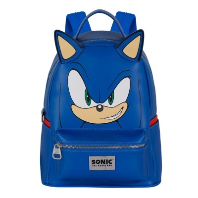 Mochila azul com rosto do Sonic e orelhas em relevo