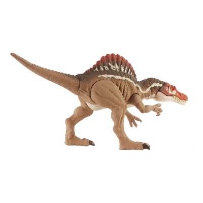 Figura de dinossauro Spinosaurus em plástico castanho com vermelho e branco