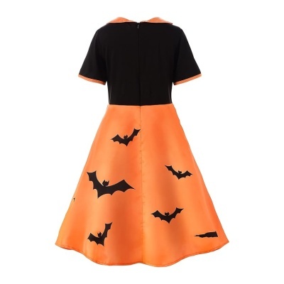 Vestido infantil de Halloween com saia laranja e morcegos pretos