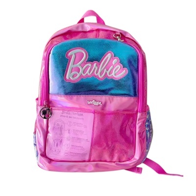 Mochila rosa Barbie com painel azul e bolso frontal transparente