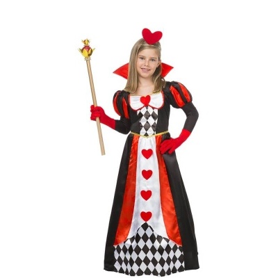 Fato de rainha de copas para criança com vestido preto, vermelho e branco e acessórios
