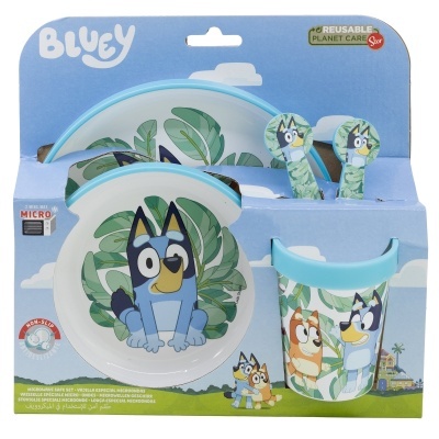 Conjunto de refeição infantil Bluey com prato, tigela, copo e talheres, embalagem azul com personagens e plantas