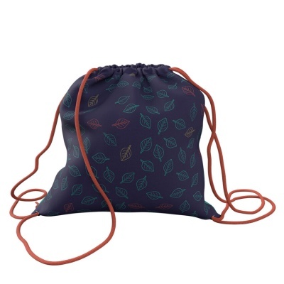 Mochila saco azul escuro com padrão de folhas coloridas e cordões alaranjados