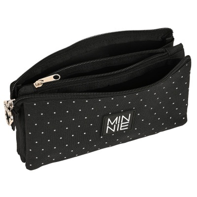 Estojo escolar preto com pontos brancos e logo 'MINNIE'