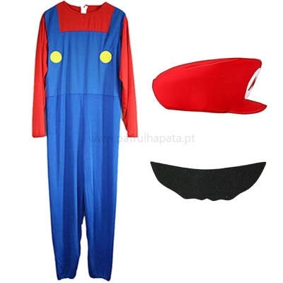 Fato de Carnaval azul e vermelho com gorro vermelho e peça preta