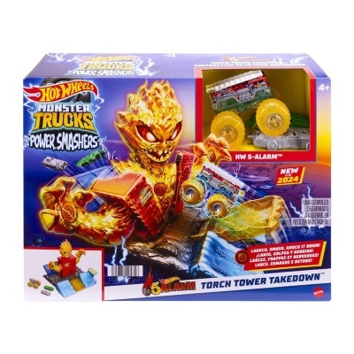 Caixa de brinquedo Hot Wheels Monster Trucks Power Smashers com camião e torre