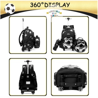 Mochila escolar com padrão de bolas de futebol em várias vistas
