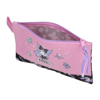Estojo rosa com personagem Kuromi e fecho lilás com laço
