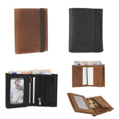 Carteiras masculinas em couro castanho e preto com várias divisórias e porta-moedas.