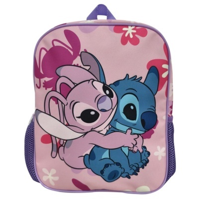 Mochila infantil rosa com personagens Stitch e Angel e padrão de flores