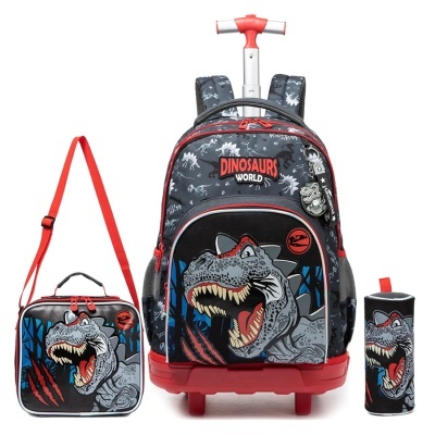 Conjunto escolar com mochila de rodinhas, lancheira e estojo com estampa de dinossauro