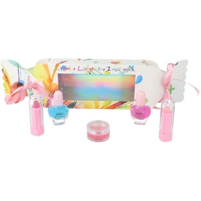 Conjunto de maquilhagem com batons, vernizes e gloss em caixa colorida