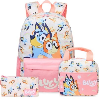 Conjunto de mochila, bolsa e estojo Pink Bluey com desenhos dos personagens Bluey e Bingo