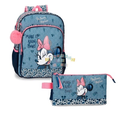 Mochila azul com estojo combinando com padrão floral e imagem da Minnie Mouse