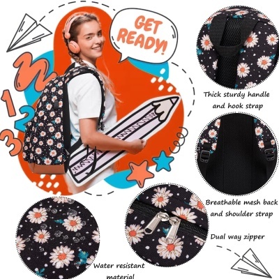 Mochila preta com flores brancas e amarelas, alças e fecho de correr, mostrada em uso e detalhes.