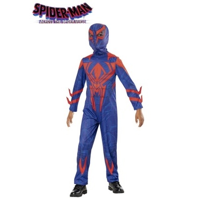Fato de criança Spider-Man azul e vermelho com máscara integrada.