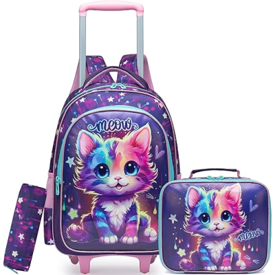 Mochila de rodinhas, estojo e bolsa térmica com estampa de gato colorido