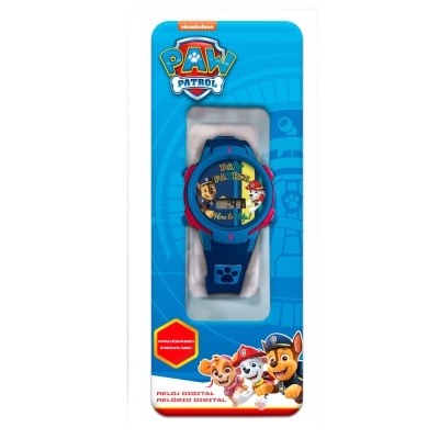 Relógio digital infantil azul PAW PATROL em embalagem azul com personagens.