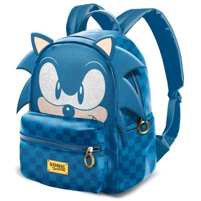 Mochila azul com desenho do Sonic e padrão xadrez